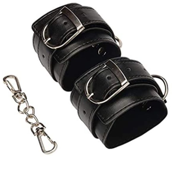 NEW FAUX LEATHER BLACK COSPLAY HANDCUFF BRACELETS - Picture 2 of 5